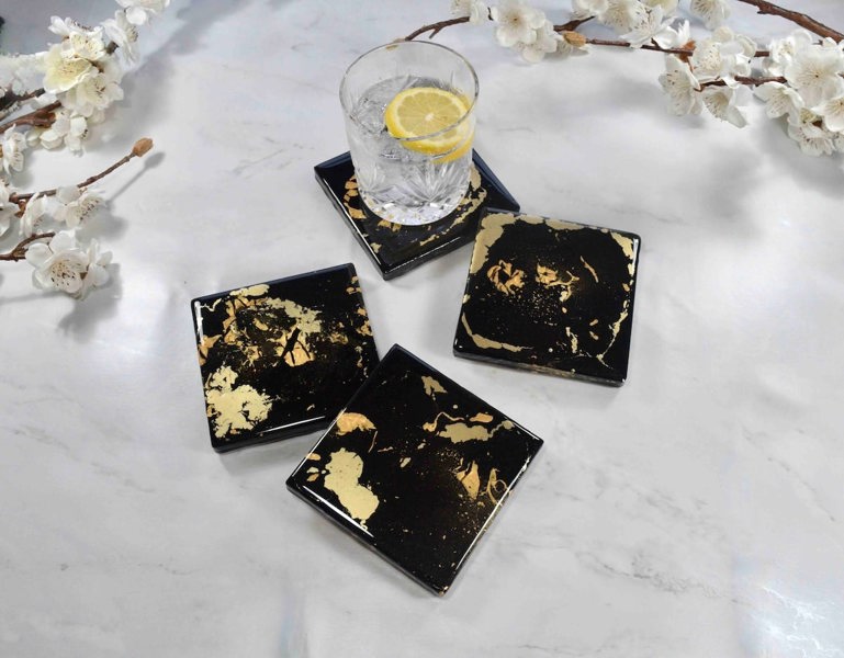 Kate Chesters Art Black Gold Resin Coasters for Drinks Set of 4