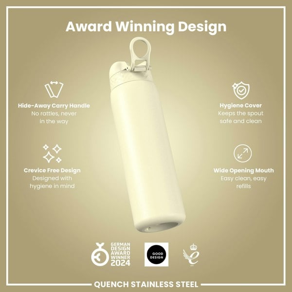 ION8 Leak Proof 1 Litre Water Bottle, Stainless Steel, Creamy White, 1L