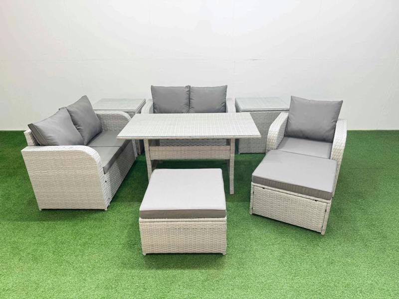 Fimous High Back Poly Rattan Garden Furniture Set, Reclining Chair, Loveseat, Dining Table, Indoor Outdoor, 2 Big Stool, 2 Side Table, Light Grey