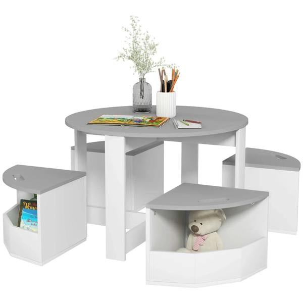 Kids table and chairs set with storage, grey tabletop and white chairs with bins
