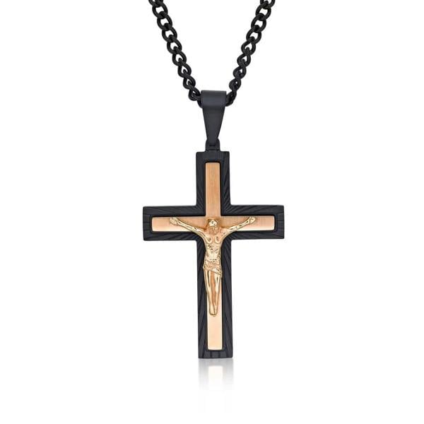 Large Rose Gold and Black Cross Pendant Necklace for Men - namana.london