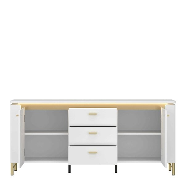 Wyld Haus Maribo White TV Cabinet 2 Door 3 Drawer Gloss Gold Metal Legs