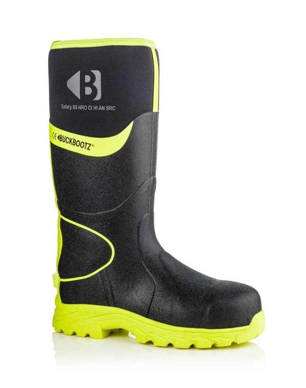 Buckbootz BBZ8000 Mens Safety Waterproof Composite Toe/Midsole S5 Wellington, black and yellow waterproof safety boot with composite toe and slip-resistant sole.