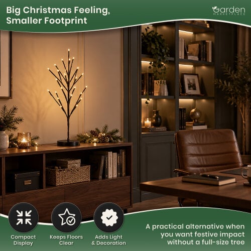 Snowy Brown Birch Christmas Twig Tree with Warm White LED Lights, 60cm Battery Powered Indoor Decorative Tree, 24 LEDs
