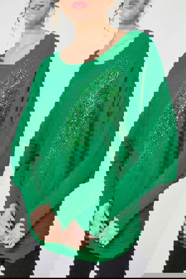 Green | Diamante Embroidered Long Sleeve Top
