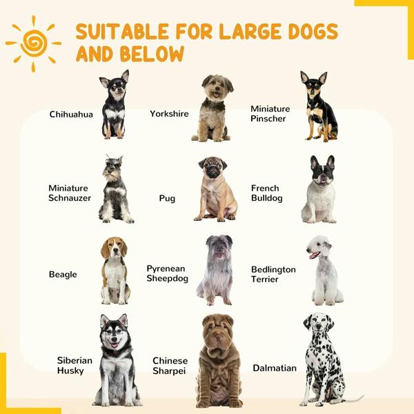 Black metal dog pen shown for large dogs with multiple dog breed silhouettes