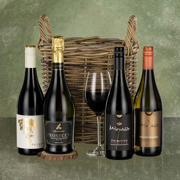 Four Wines in Wicker Christmas Basket Wine Gift