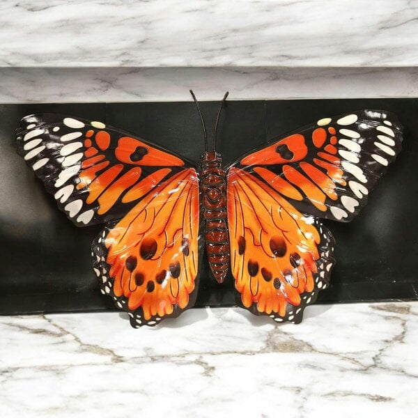 EDH Door Hardware Medium Metal Orange Butterfly Wall Art – 23 x 34 x 1 CM | 3D Hand-Painted Metal Butterfly Decoration | Weatherproof Indoor & Outdoor