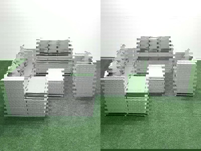 Fimous Wicker PE Rattan Sofa Garden Furniture Set with Armchair Square Coffee Table Big Footstool Light Grey Mixed