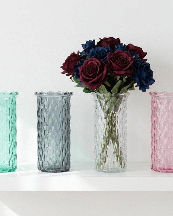 set of 3 glass vases in grey, green and pink