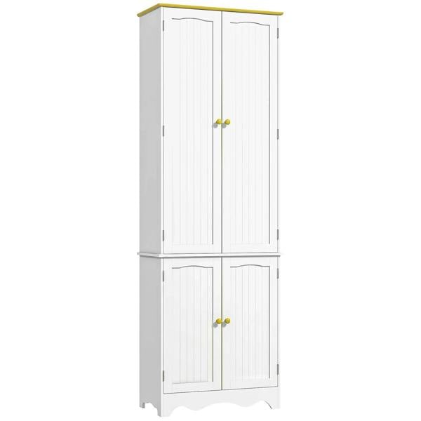 White freestanding cabinet with tall double doors and lower double doors