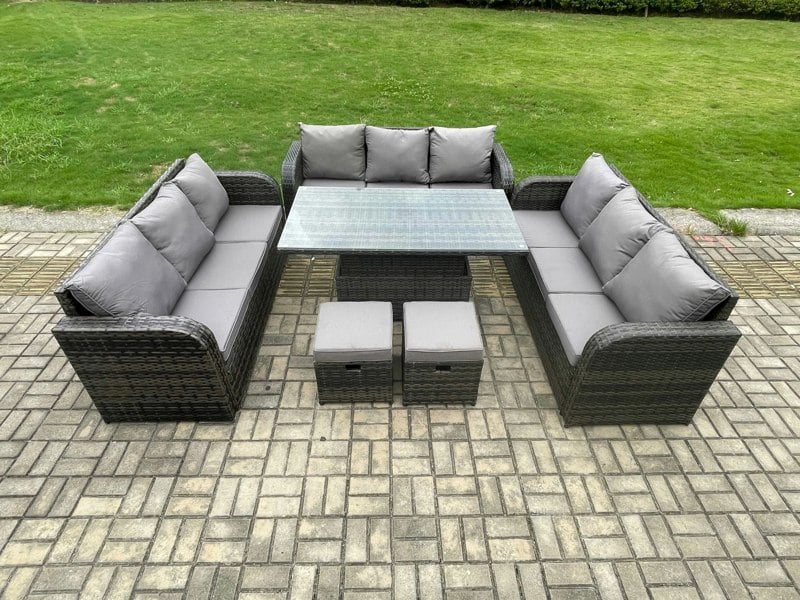 Fimous Patio Garden Dining Set Outdoor Rattan Furniture Lounge Sofa Height Adjustable Rising lifting Table With 2 Small Footstools Dark Grey Mixed