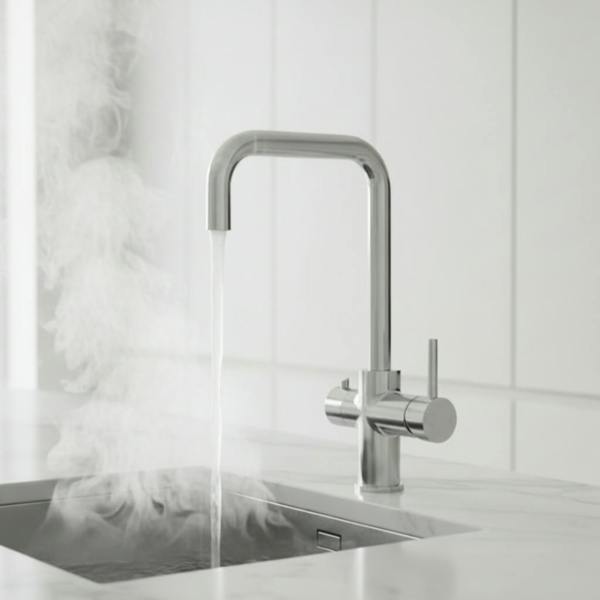 Chrome boiling hot water tap in a modern high end kitchen with boiling water flow