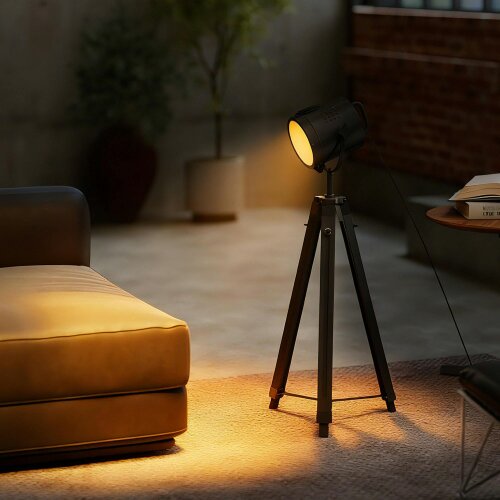 Wyld Haus Suta Wood And Metal Black Tripod Searchlight Floor Lamp Adjustable Head