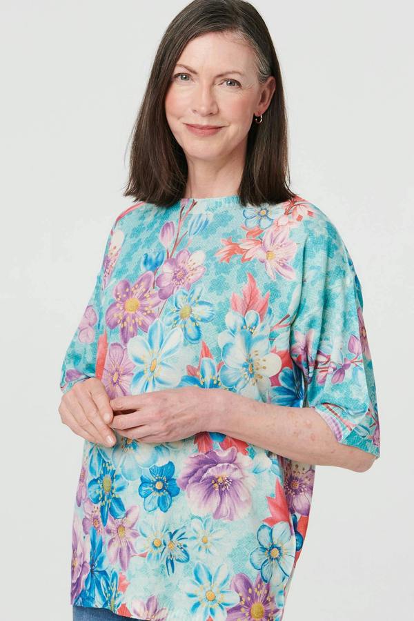 Green | Floral 1/2 Sleeve Relaxed Knit Top