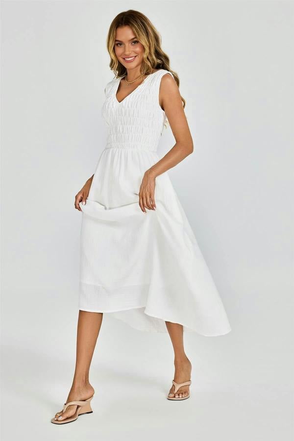 FS Collection Shirred Midi Dress with Sleeveless V-Neck In White