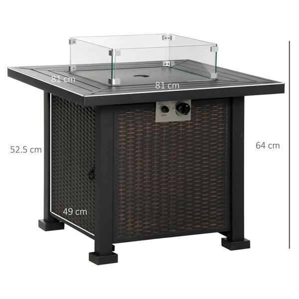 Black square fire pit table with glass wind screen and woven rattan-style panels