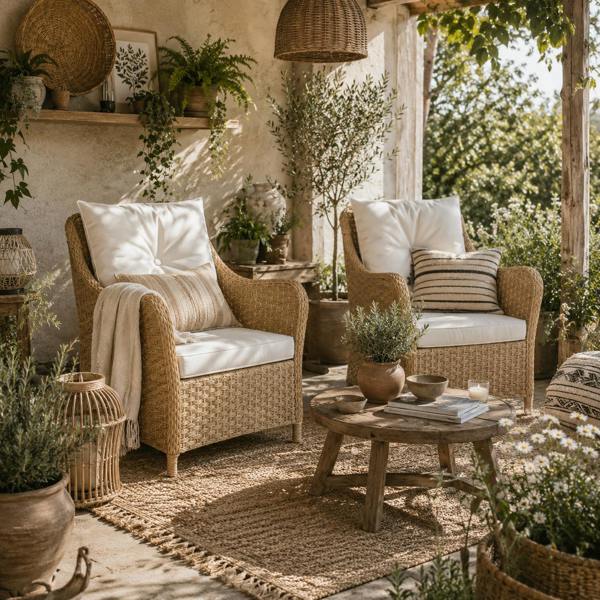 Wyld Haus Rera Rattan Beige Set Of 2 Outdoor Armchairs With Cushions Armrests And High Back