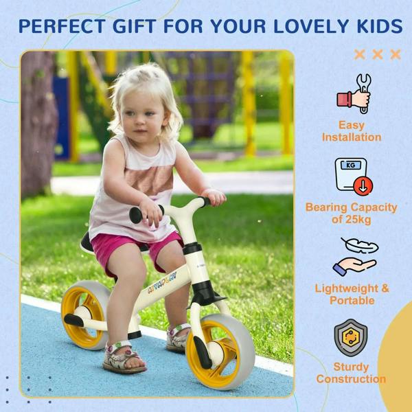 Children's balance bike with black seat and handlebars, used outdoors by a child