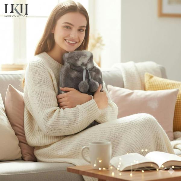 LKH HOME COLLECTION Hot Water Bottle with Cover UK 2L With Faux Fur & Pockets for Period Pain Relief Leak Resistant BPA Free Hot Bottle