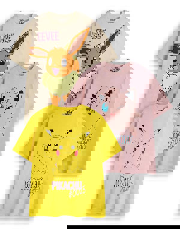 Pokemon Girls Multicoloured Pikachu, Eevee & Jigglypuff Multi-Pack of 3 Short-Sleeved T-Shirts