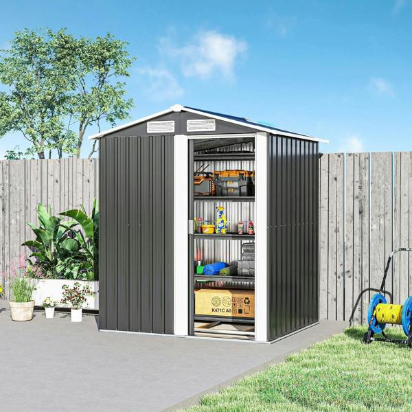 Grey metal tool shed with sliding door open, shelves organized with bins and supplies