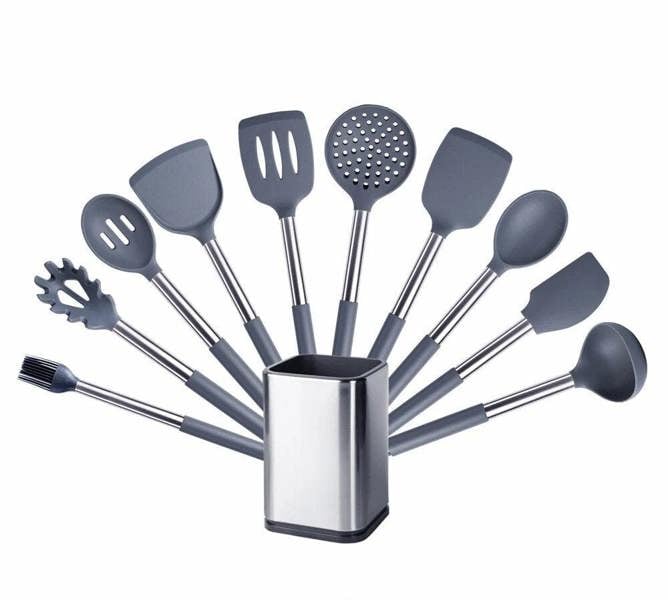 Anygleam Kitchen Utensils Non-stick Grey/ Silver 10 Set Cooking Tool with Storage Box Accessories Heat Resistant Kitchenware