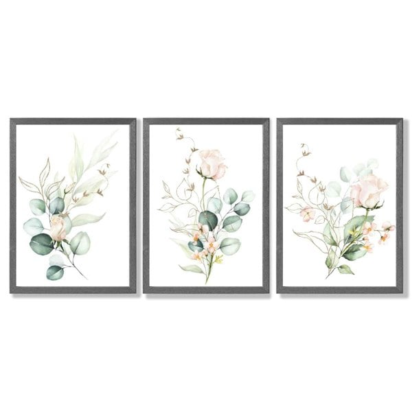 Pink Floral Roses Set of 3 Framed Art Prints with Dark Grey Wooden Frames