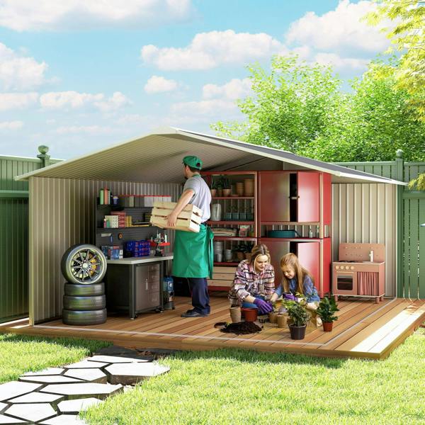 Grey metal garden shed with double doors open, showing interior shelves and tools