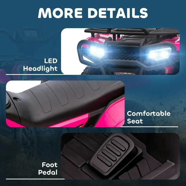 Pink kids quad bike featuring LED headlights, padded seat, and foot pedal