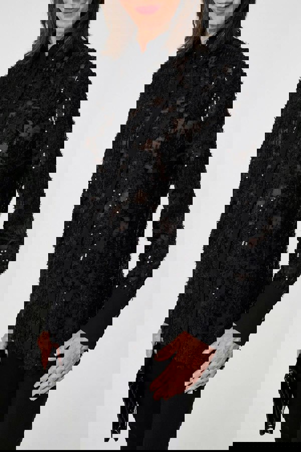 Black | Floral Sequin Lace Long Sleeve Shirt
