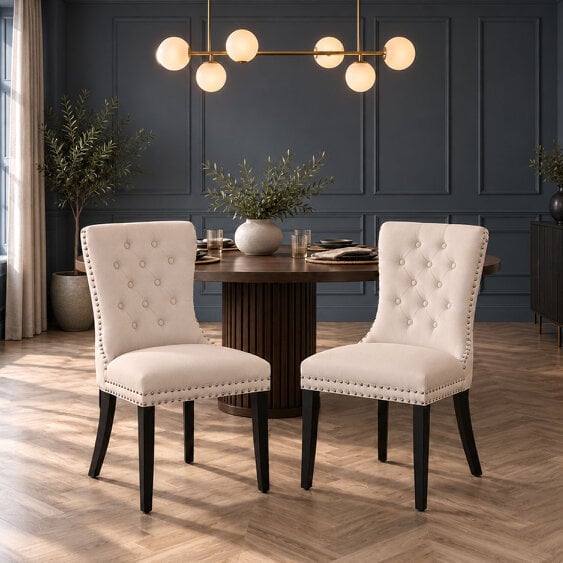 Neo Set Of Two Studded Natural Velvet Dining Chairs with Ring Knocker Detail