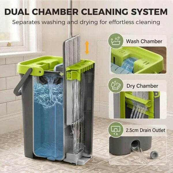 Bobobiy Mop and Bucket with Wringer Set, Flat Mop and Bucket with 2 Chambers, Rotating Head, Wet and Dry Use, Dark Grey