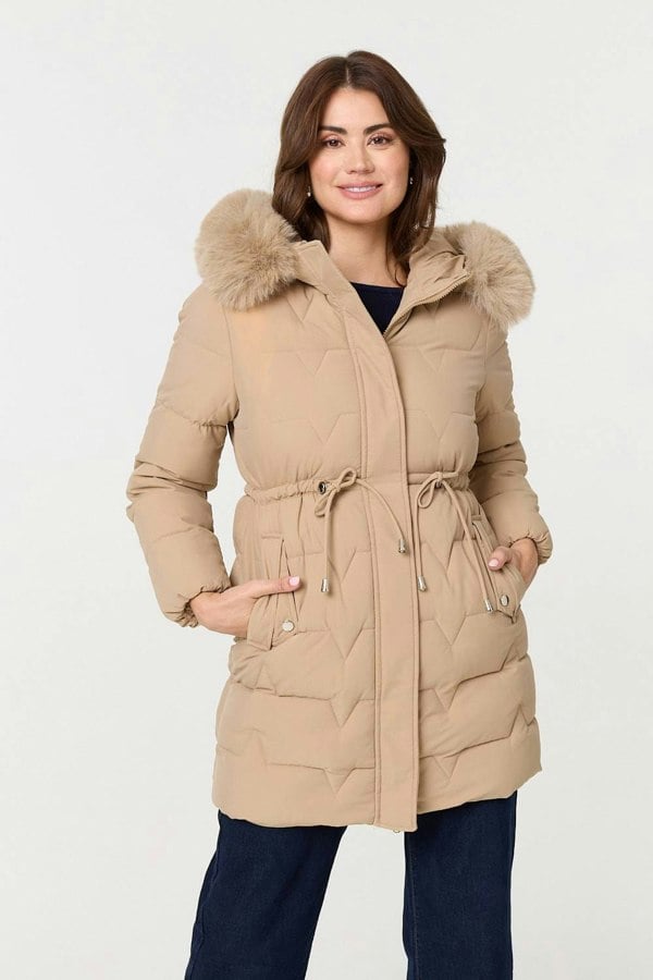 Beige | Faux Fur Hooded Tie Waist Puffer Jacket

