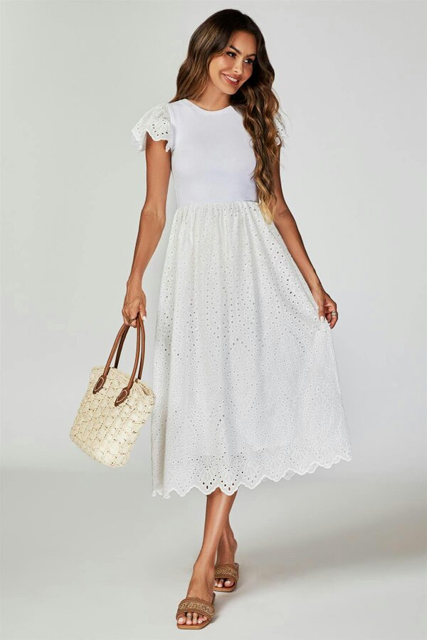FS Collection Jersey Broderie Midi Dress In White