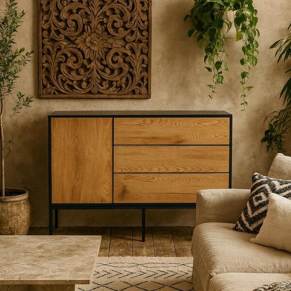 Wyld Haus El Paso Black Metal and Wild Oak Veneer 1 Door 3 Drawer Small Sideboard