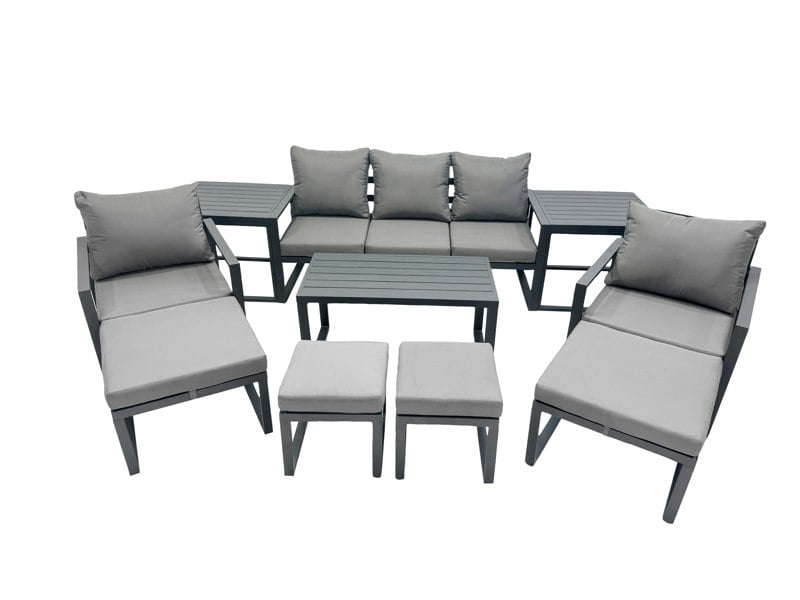Fimous 9 Seat Outdoor Garden Furniture Set Aluminium Lounge 3 Seat Sofa Oblong Coffee Table Sets with Chair 4 Stools Dark Grey