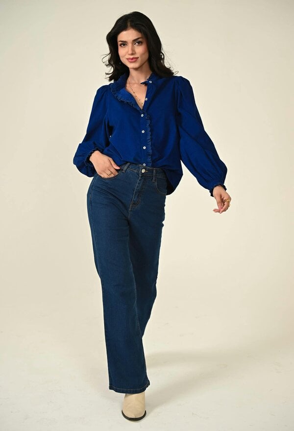 Rose & Nancy Nerys Blue Cord Embroidered Frill Blouse