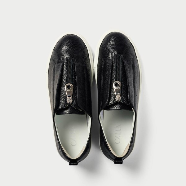 Calla Estella - Black Leather Zip-Up Wide Fit Trainers