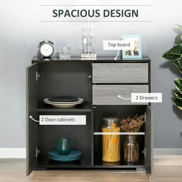 Open sideboard with two cabinet compartments and two drawers; shelf storage inside