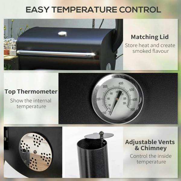 Black charcoal BBQ grill with top thermometer and adjustable vents