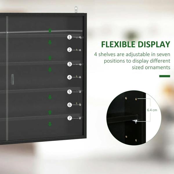 Black wall display cabinet door with adjustable shelf positions and internal groove markers