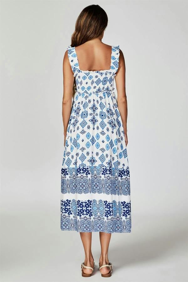 FS Collection Blue Border Print Hem Detail Tiered Maxi Dress In White