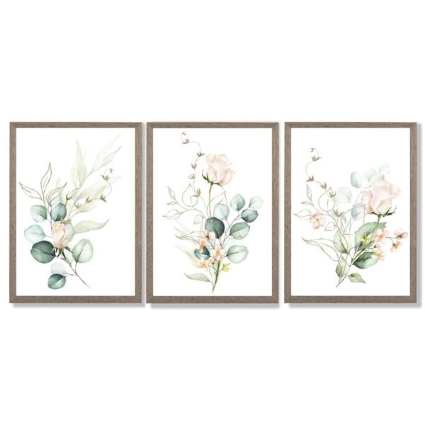 Pink Floral Roses Set of 3 Framed Art Prints with Light Walnut Frames