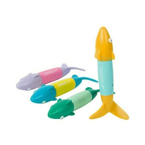 Yellow Speedo Sea Squad spinning dive toy rocket with blue nose and orange fins
