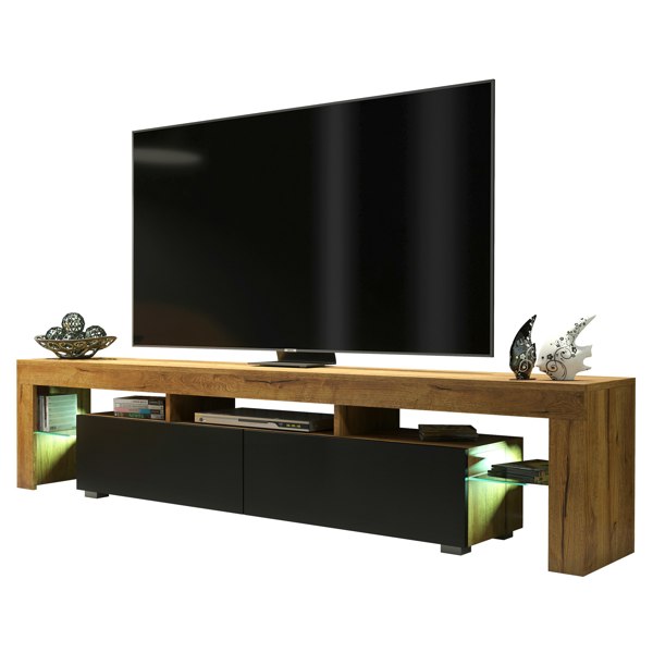 Mex Furniture Sleek 200 cm Modern TV Unit Cabinet Stand Oak Matt Black Doors with Free LED Lights