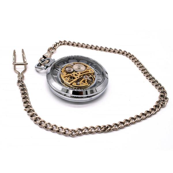 Infinity Leather Open-Face Silver Alloy Mechanical Skeleton Silver Pocket Watch