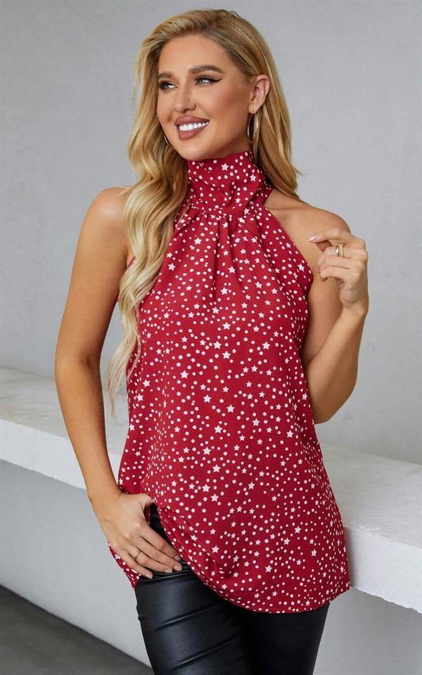 FS Collection White Star Print Halter Neck Tie Back Top In Red