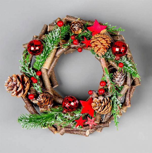 22cm Battery Operated LED Twig Wreath with Warm White Lights and Red Festive Details image 3