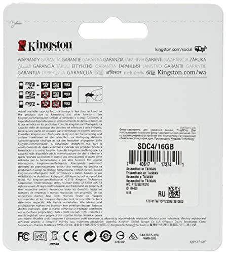Kingston microSDHC SDC4/16GB Class 4 Flash Card + SD Adapter, Black